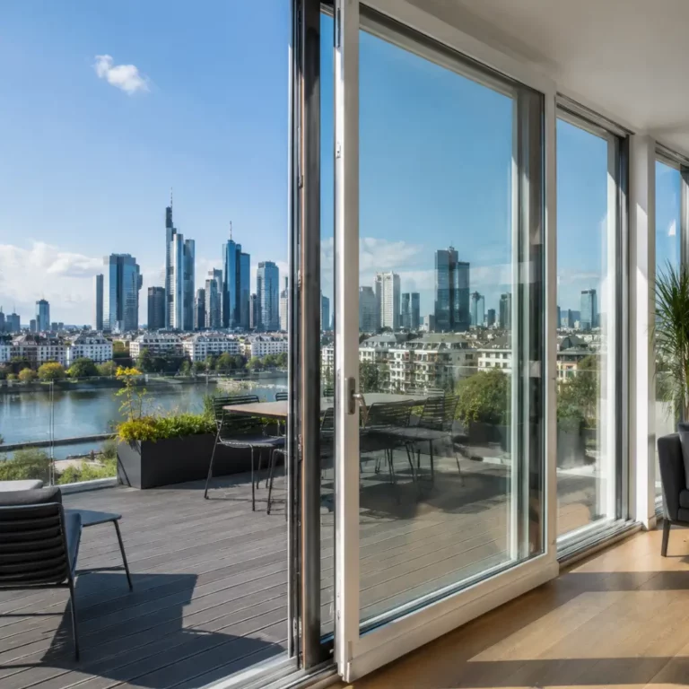 Moderne Parallel-Schiebe-Kipp-Tür (PSK) mit Blick auf die Frankfurter Skyline und den Main in einem modernen Apartment in Frankfurt.