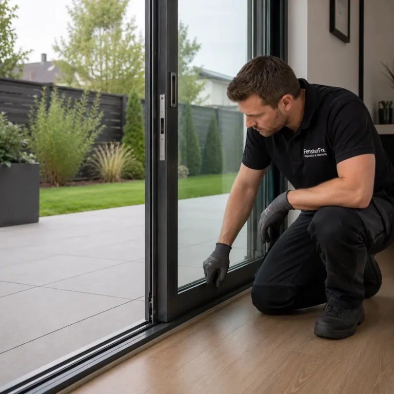 Facharbeiter überprüft eine moderne Hebeschiebetür bei einer professionellen Hebeschiebetür Reparatur in Frankfurt am Main